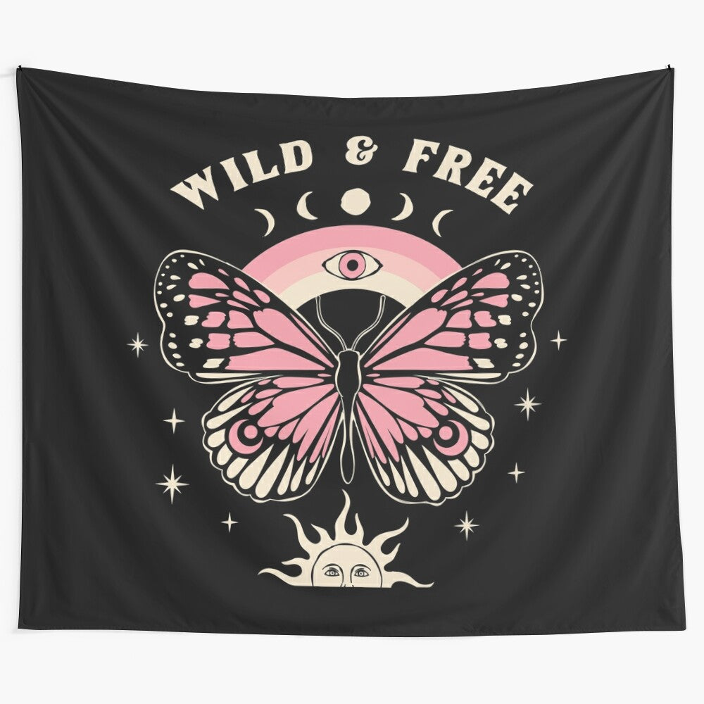 Mystic boho style butterfly and rainbow moon phase sun tapestry wall hanging