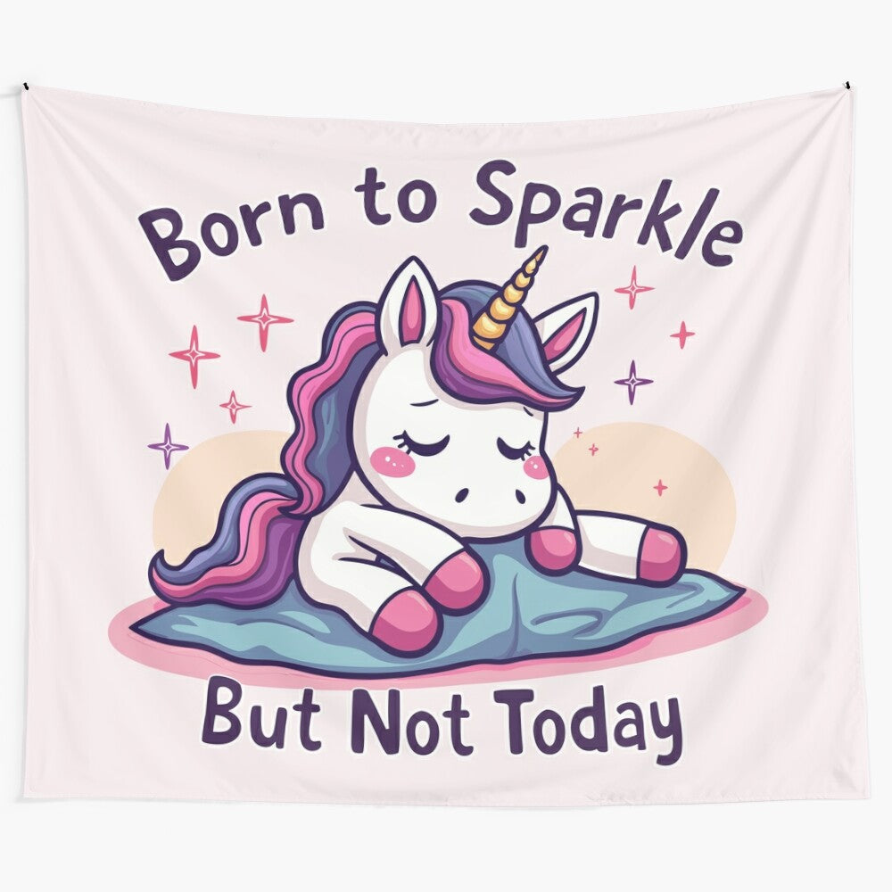 Whimsical procrastinator unicorn tapestry with a sleepy, lazy unicorn