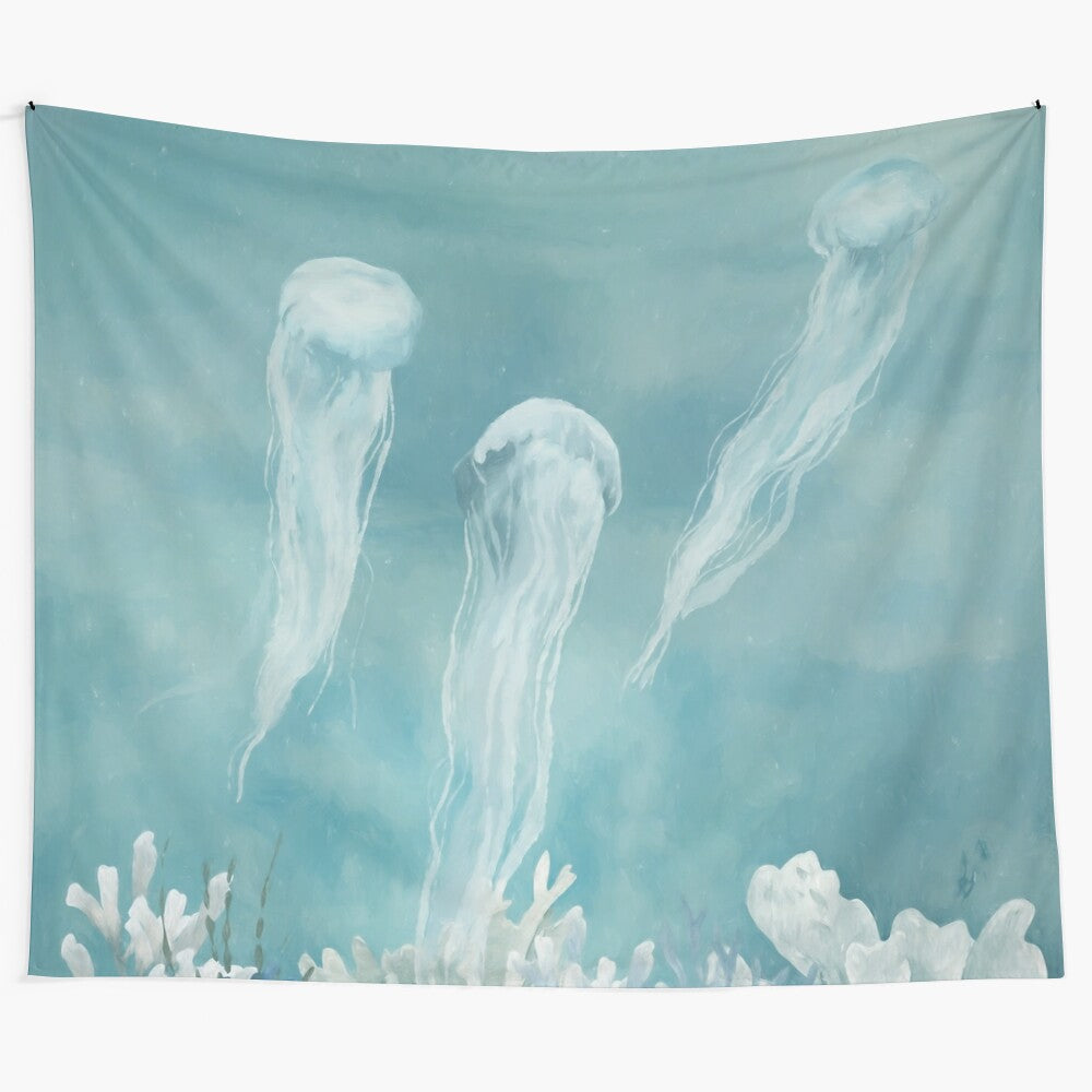 Ghosts of the Deep Tapestry - Serene underwater seascape with jellyfish, coral, and marine life elements