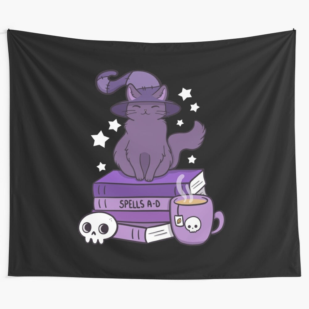 Feline familiar tapestry featuring a black cat in a witchy, mystical setting