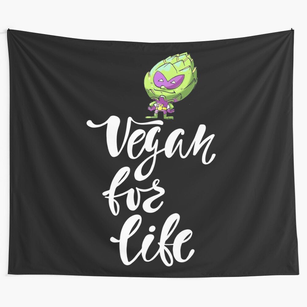 Vegan artichoke alien superhero tapestry with planet 9 and foodie toon design