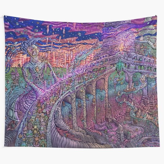 Detailed, colorful tapestry featuring a surreal, psychedelic dreamscape