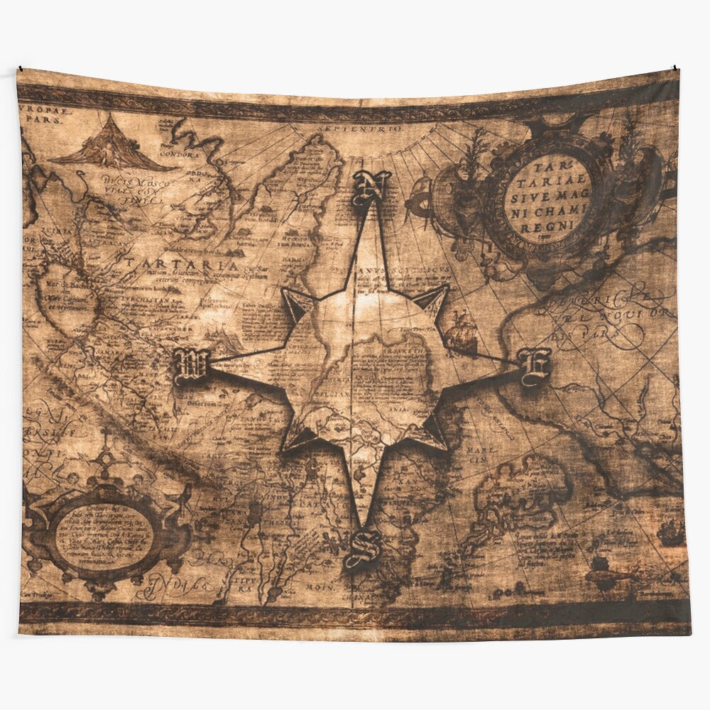 Vintage World Map and Compass Rose Tapestry Wall Hanging featuring an old world map design and compass rose