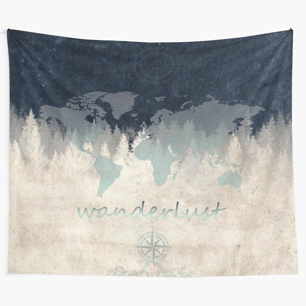 Detailed world map tapestry wall hanging with travel and adventure design