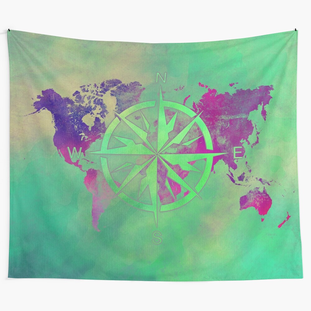 Captivating world map with compass rose wall tapestry