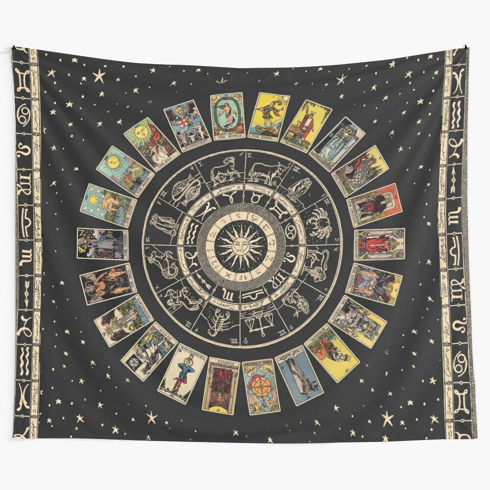 Zodiac and tarot tapestry featuring astrological symbols and major arcana cards