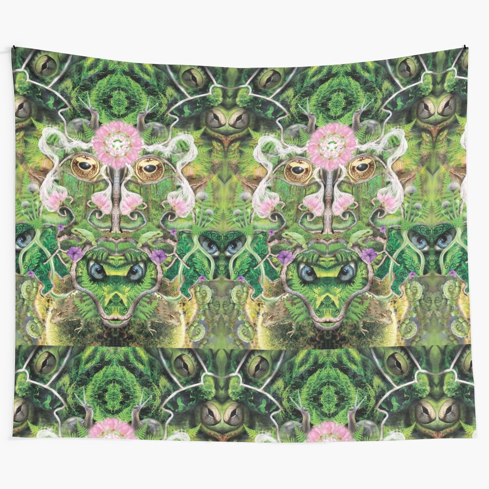 Enchanting psychedelic forest lotus tapestry with nature-inspired visuals