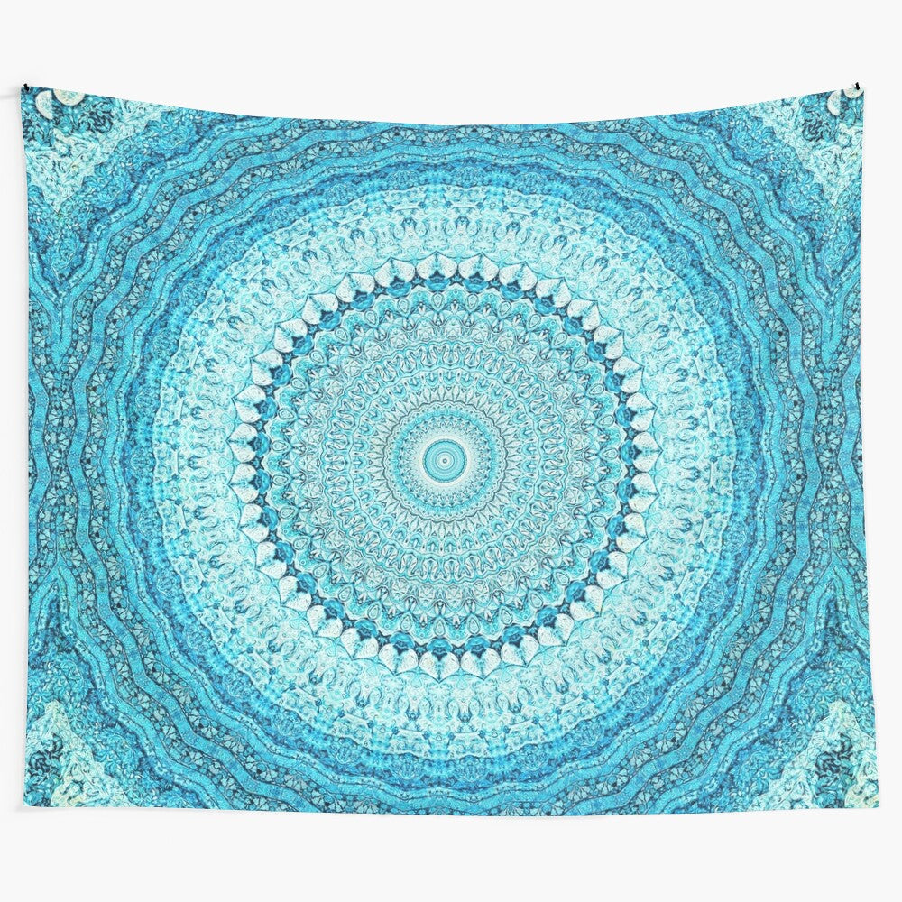 White coastal mandala tapestry with ocean and beach motifs