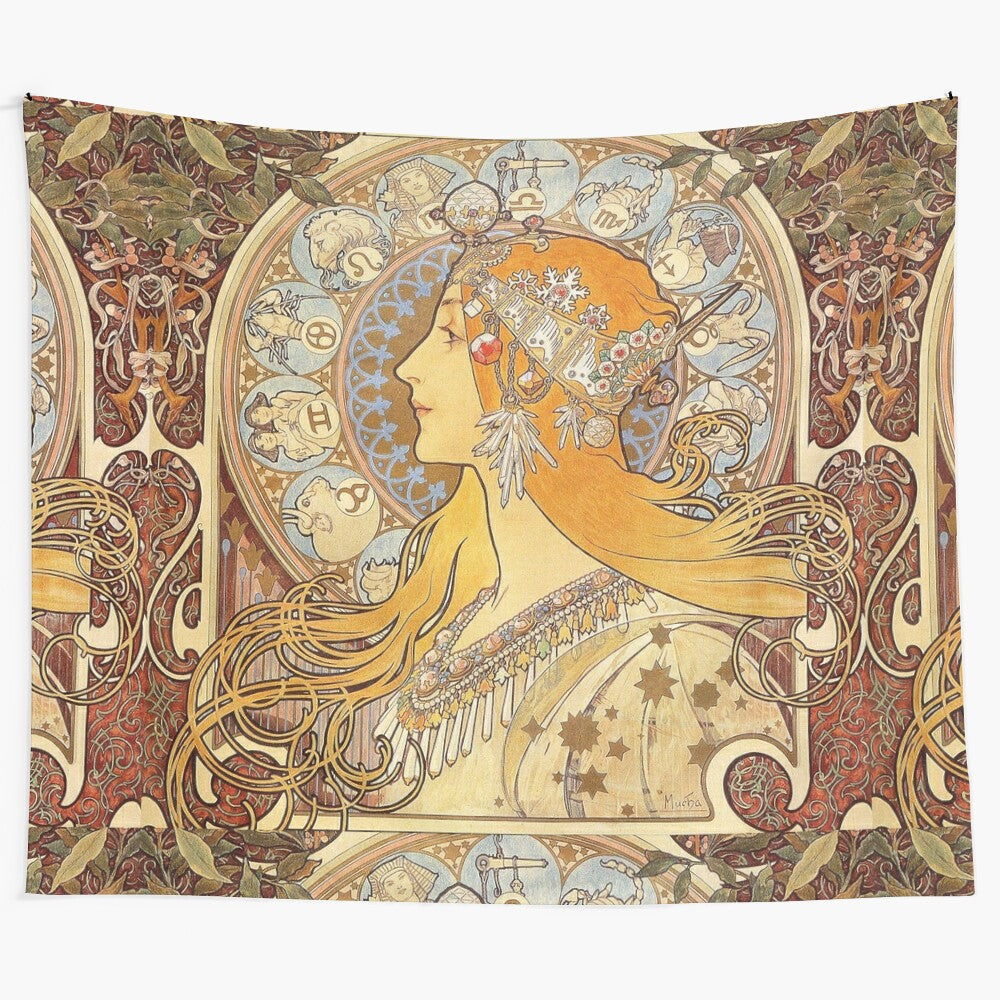 Vintage Art Nouveau style tapestry featuring a woman with zodiac elements, inspired by the artwork of Alphonse Mucha