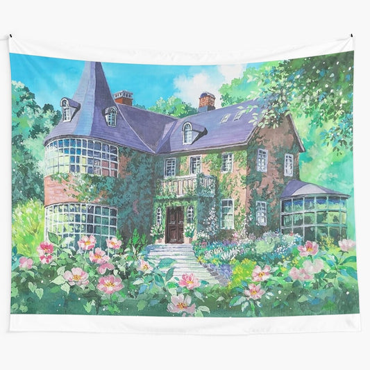 Vibrant garden flower tapestry with ghibli-style floral design