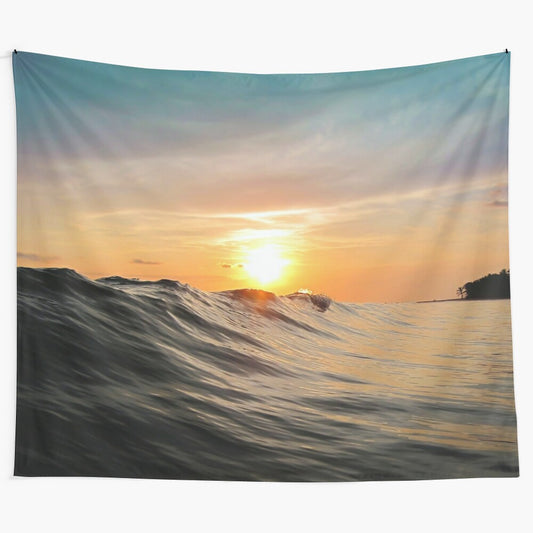 Vibrant sunset tapestry depicting a tropical beach scene with waves, palm trees, and a colorful sky