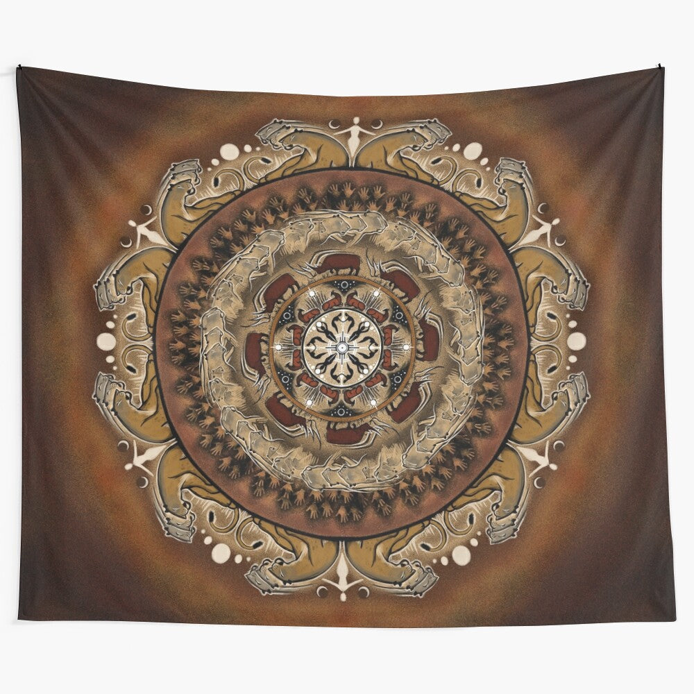 Prehistoric cave art inspired mandala tapestry featuring lions and other wildlife