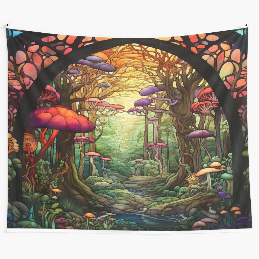 Fantasy forest stained glass tapestry with mushrooms and trees