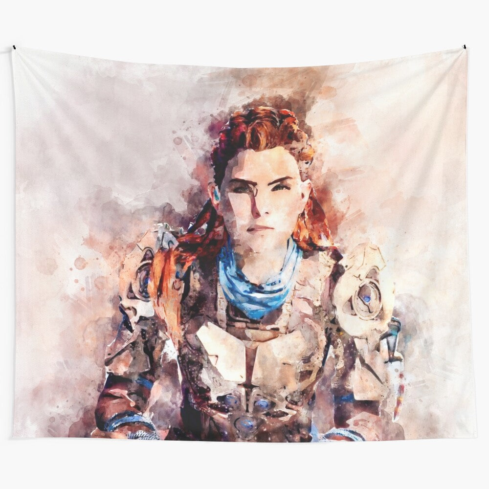 Aloy from Horizon Zero Dawn watercolor painting on tapestry