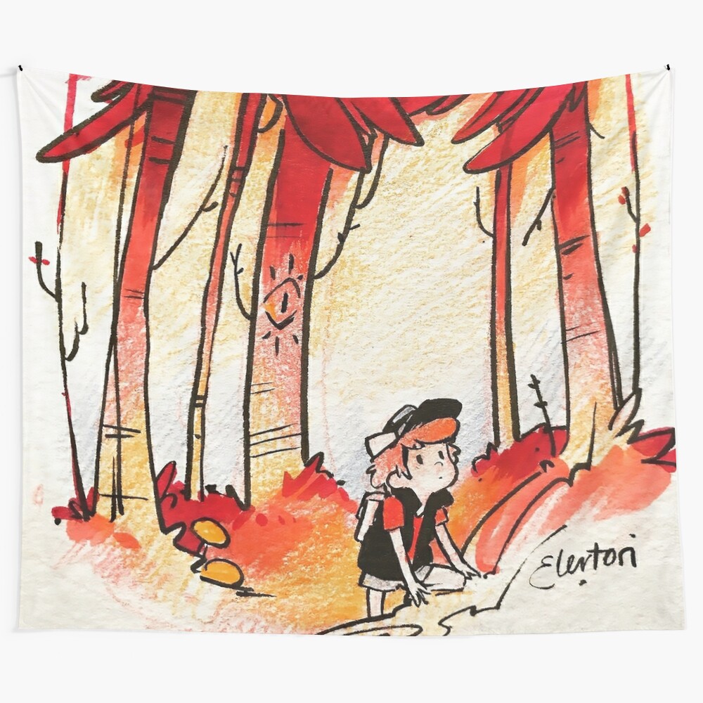 Whimsical forest tapestry featuring Dipper from Gravity Falls