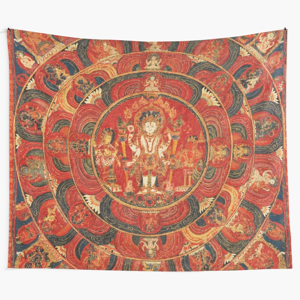 Detailed buddhist mandala tapestry with intricate sacred geometry