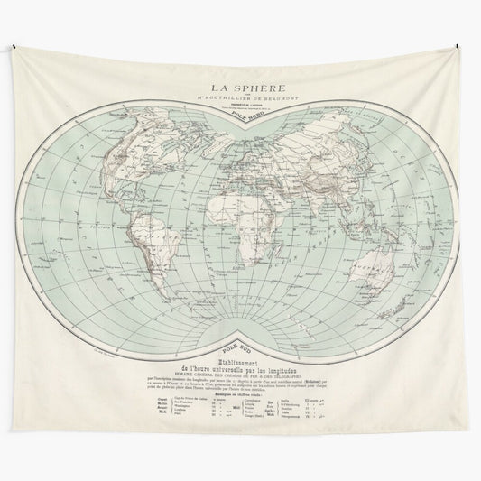 Vintage-style world map tapestry featuring historical cartography and exploration