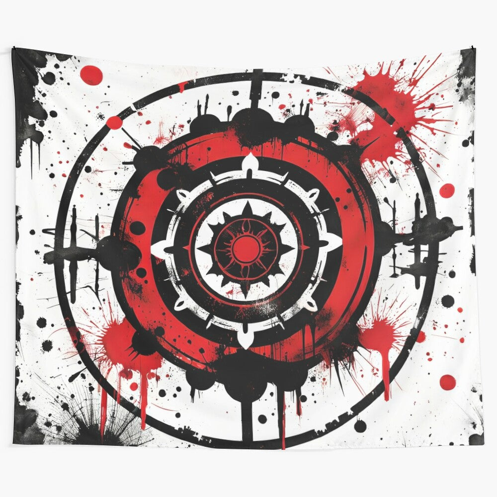 Haunting grunge mandala tapestry featuring abstract skull and blood splatter design