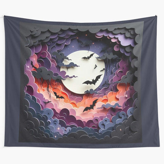 Bats flying across a starry night sky in a paper cut tapestry design