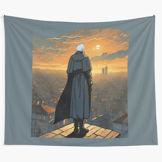 An elderly superhero gazing at the city skyline from a rooftop during sunset