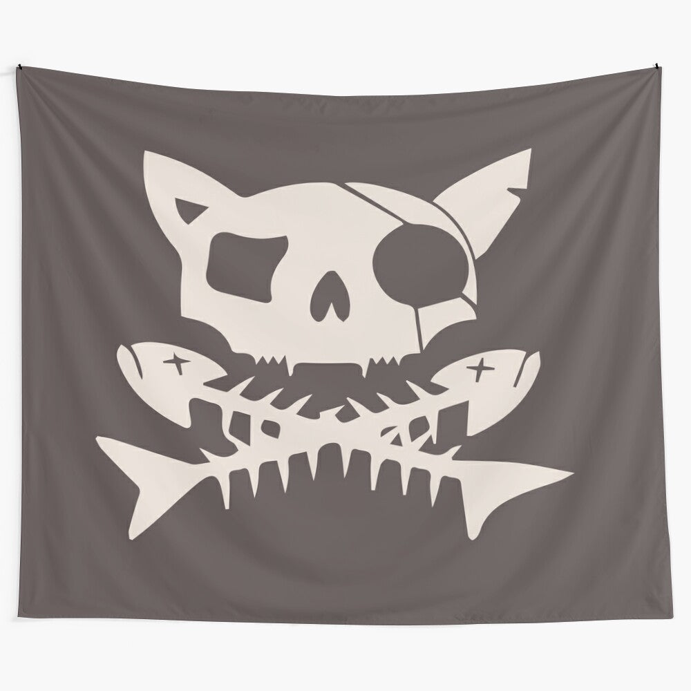 A captivating tapestry featuring a cat in pirate attire with the iconic jolly roger flag