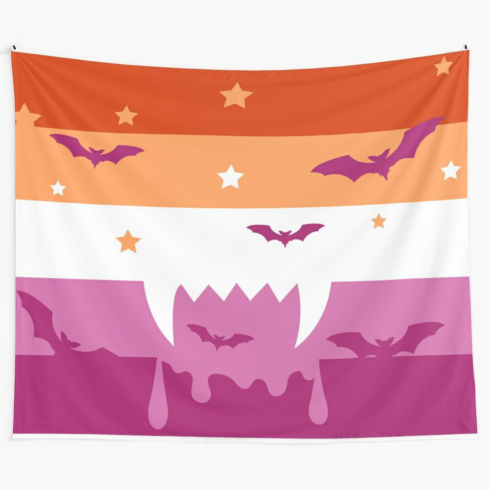 Captivating tapestry featuring a lesbian vampire and bats against a pride flag backdrop