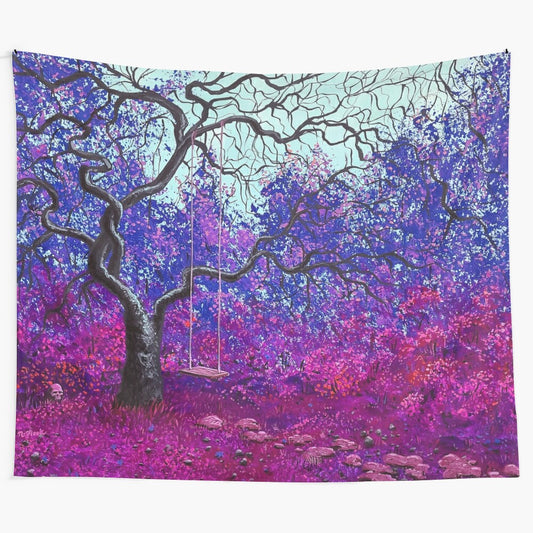 Vibrant "A Place I Know" tapestry featuring a serene nature and space-themed design