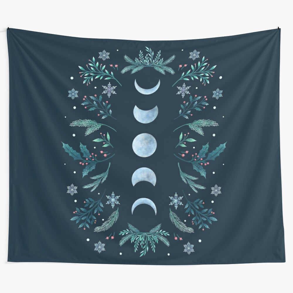 Moonlit Garden Teal Snow Tapestry with Floral and Botanical Design