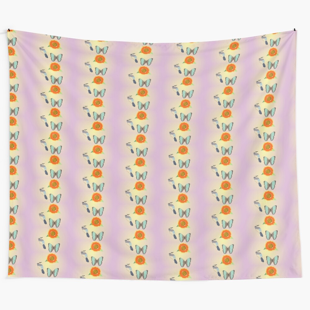 Vibrant nature pattern tapestry featuring birds, butterflies, and flowers