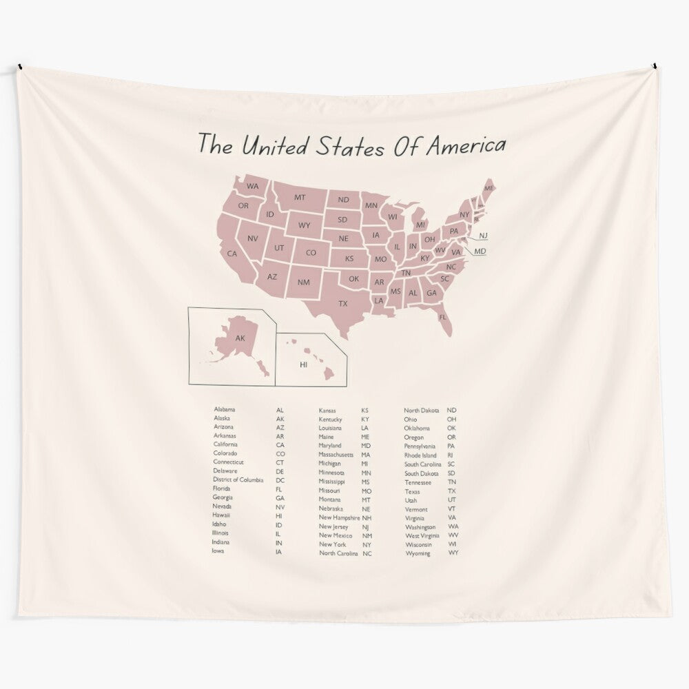 Decorative educational tapestry featuring a map of the United States