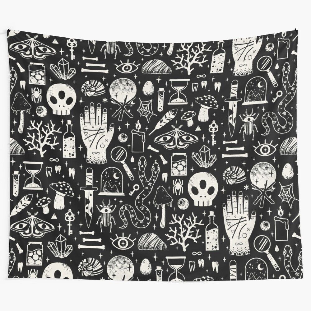 Bone Black Curiosity Tapestry featuring a collection of spooky and macabre elements