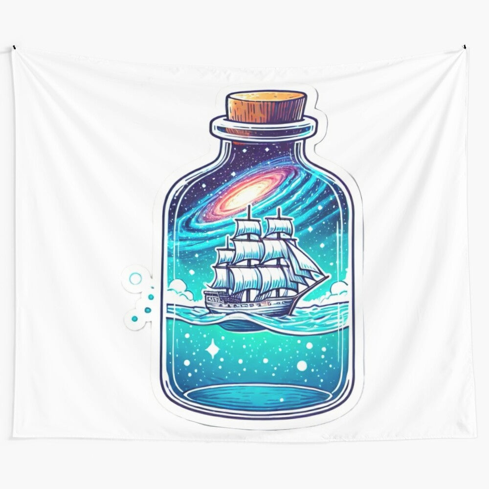 Boat in a bottle tapestry featuring a captivating seascape and cosmic elements