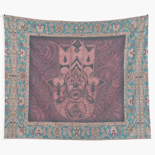 Colorful hamsa hand tapestry with sacred geometry design