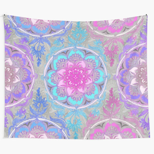 Colorful boho medallion tapestry with pink, purple, and turquoise tones