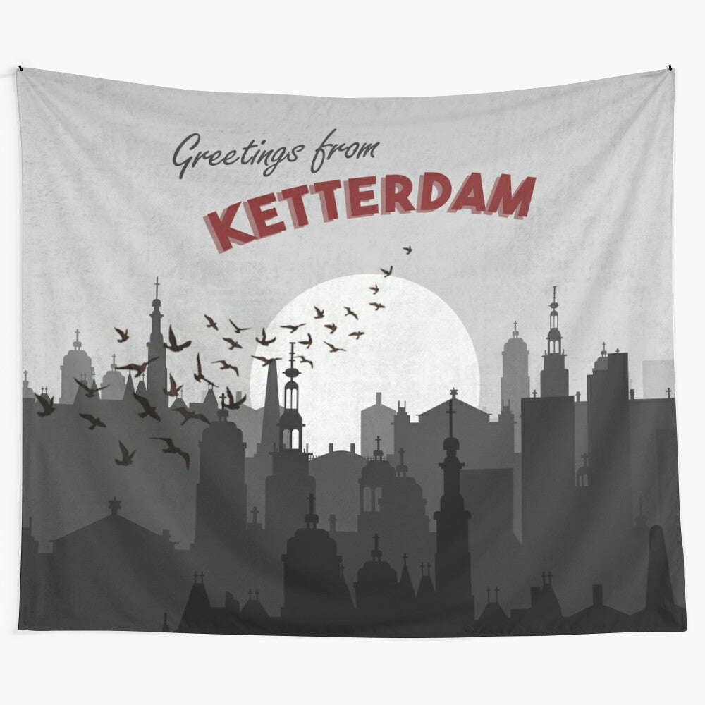 Vintage-inspired Six of Crows postcard art tapestry featuring Ketterdam and crows