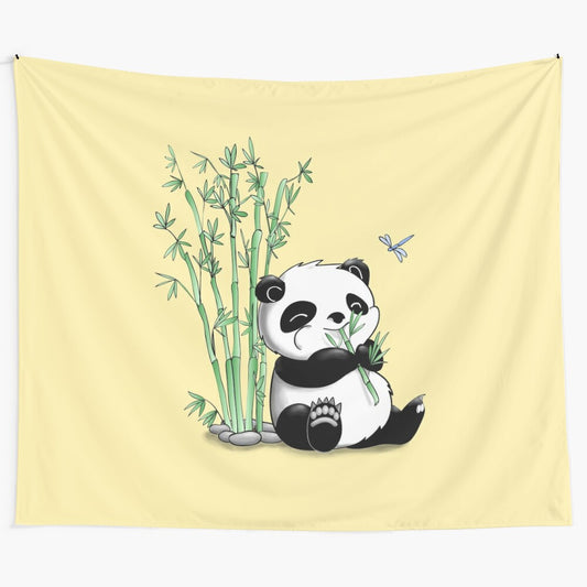 Panda eating bamboo on a tapestry wall hanging