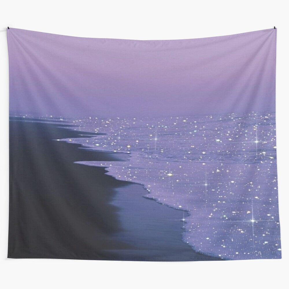 Vibrant purple beach and glittering ocean waves tapestry