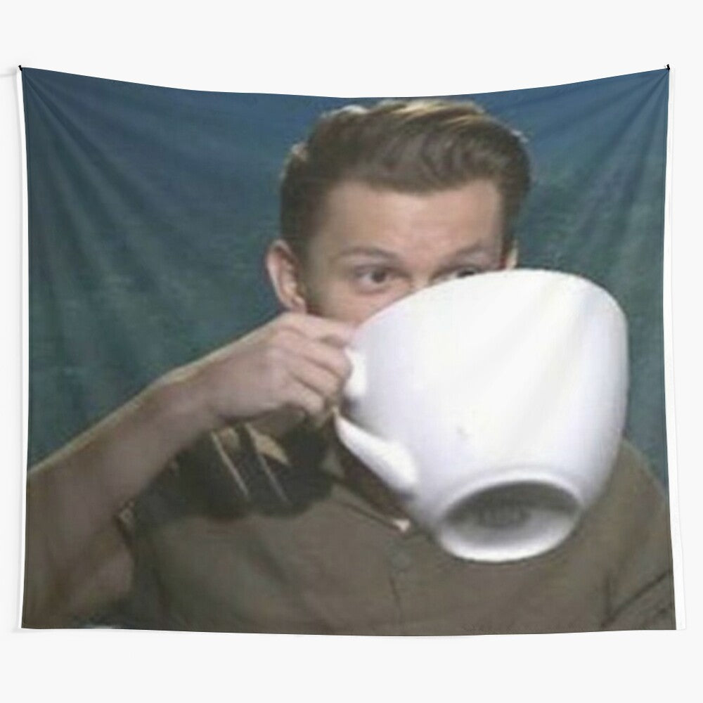 Tom Holland drinking from a giant teacup, pop culture fan art tapestry