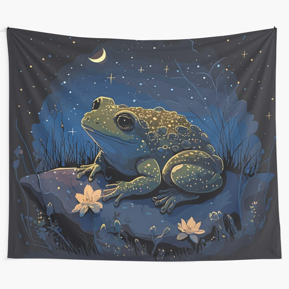 Vibrant vintage-style tapestry featuring a whimsical goblincore toad in a lush forest setting