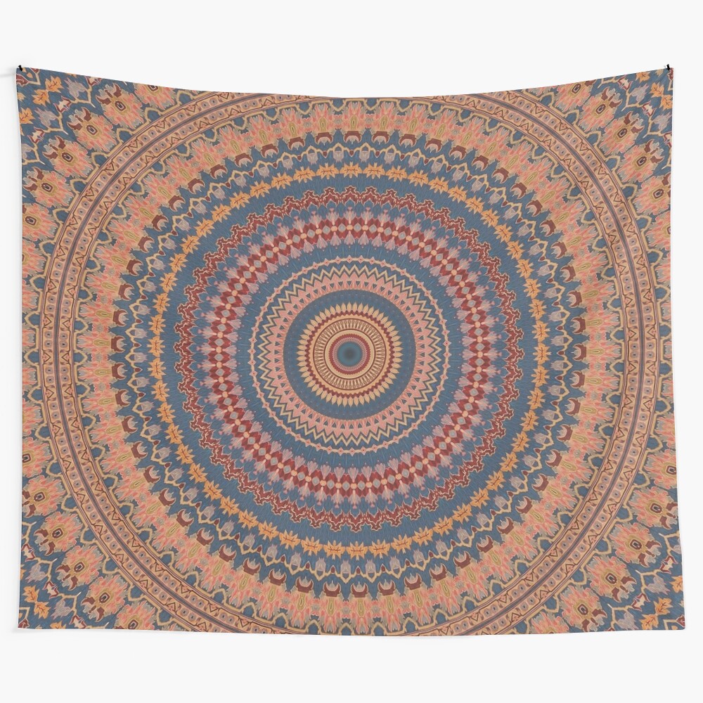 Colorful mandala tapestry featuring sacred geometry and symbolic imagery