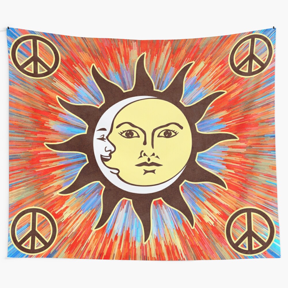 Psychedelic sun and moon bohemian hippie festival tapestry