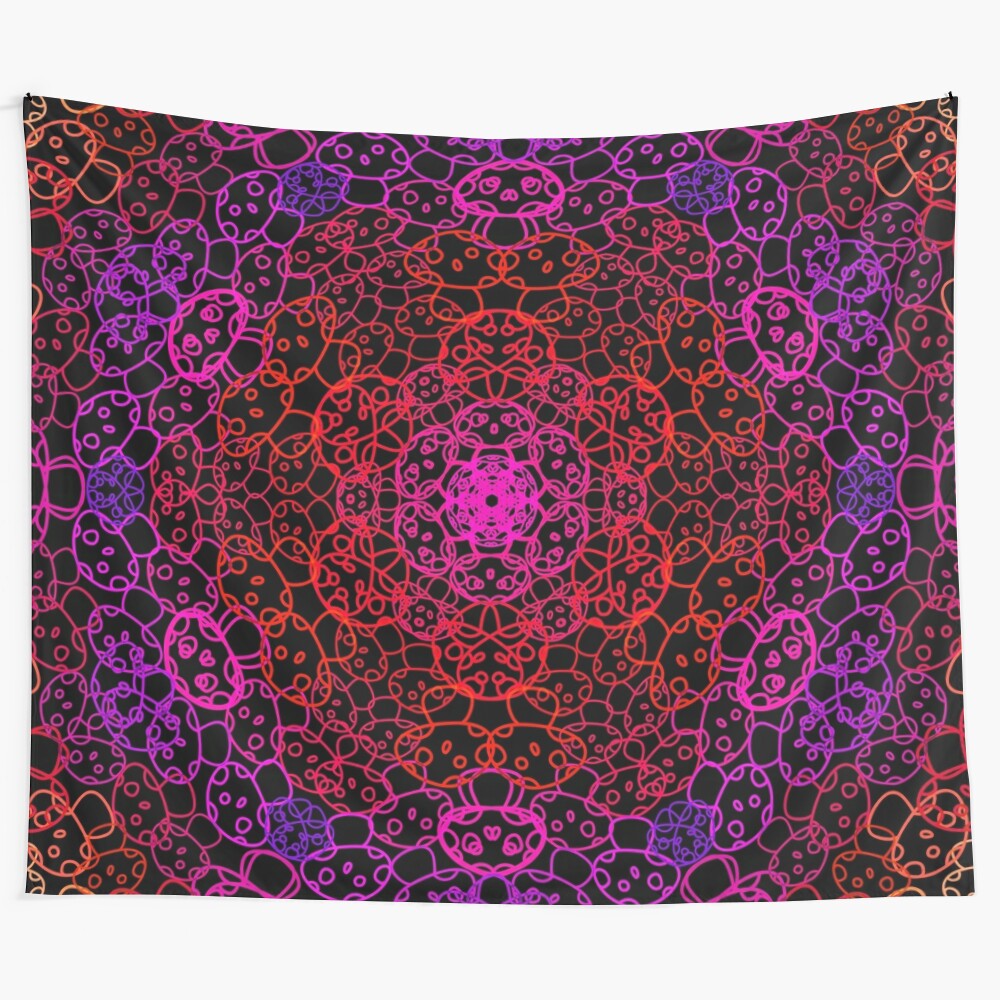 Psychedelic red mushroom tapestry with a cursed kaleidoscope design