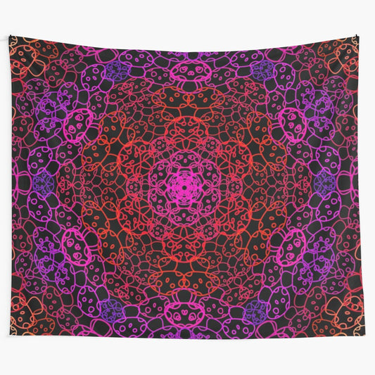 Psychedelic red mushroom tapestry with a cursed kaleidoscope design