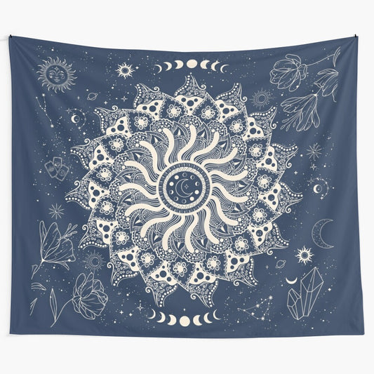 Mystic mandala tapestry with galaxy, moon phases, and constellations