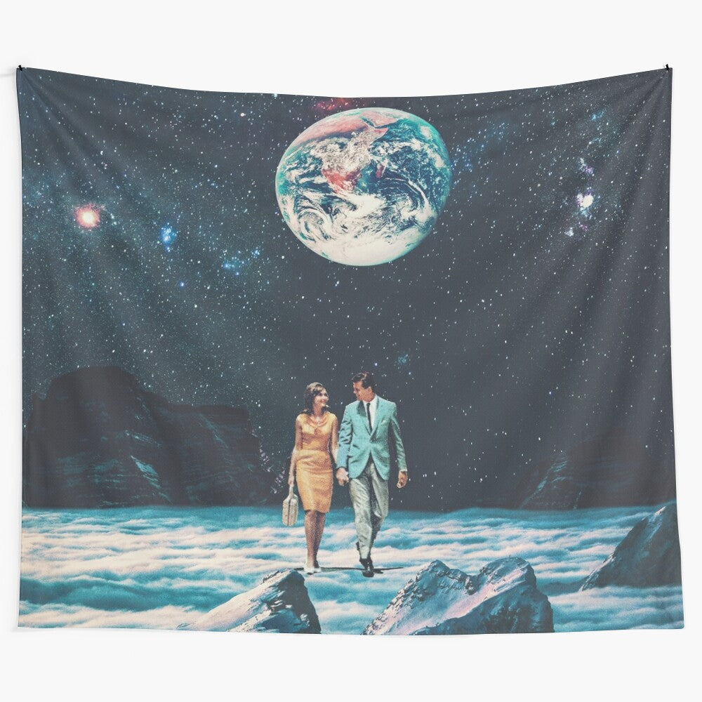 Vintage collage artwork featuring a couple in love under a starry night sky