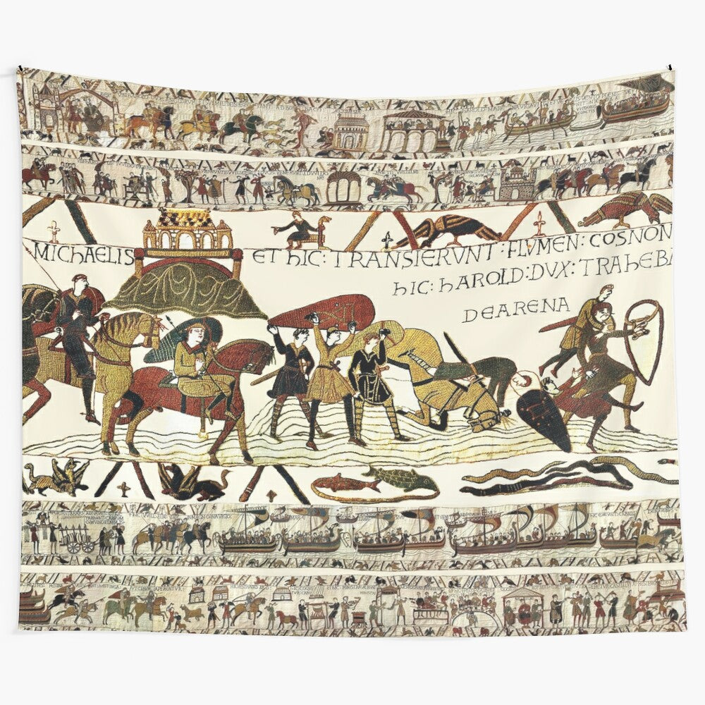 Detailed medieval tapestry depicting the Norman Conquest of England in 1066