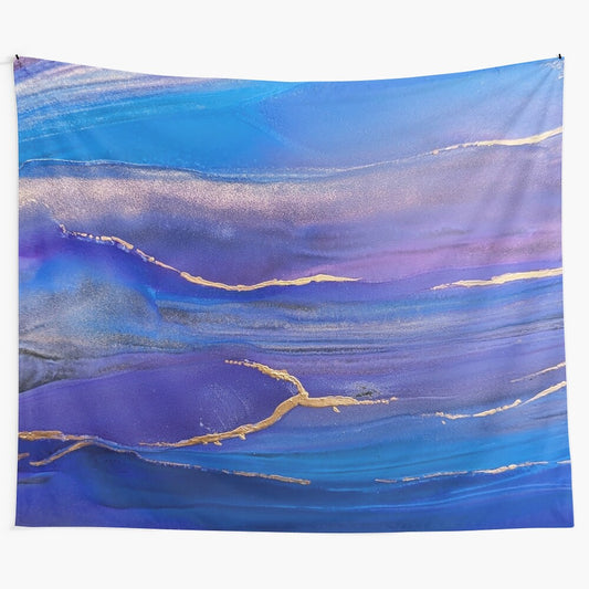 "Blue Hues 1" Tapestry - Fluid Abstract Art Featuring Shimmering Blue Hues and Cosmic Galaxies