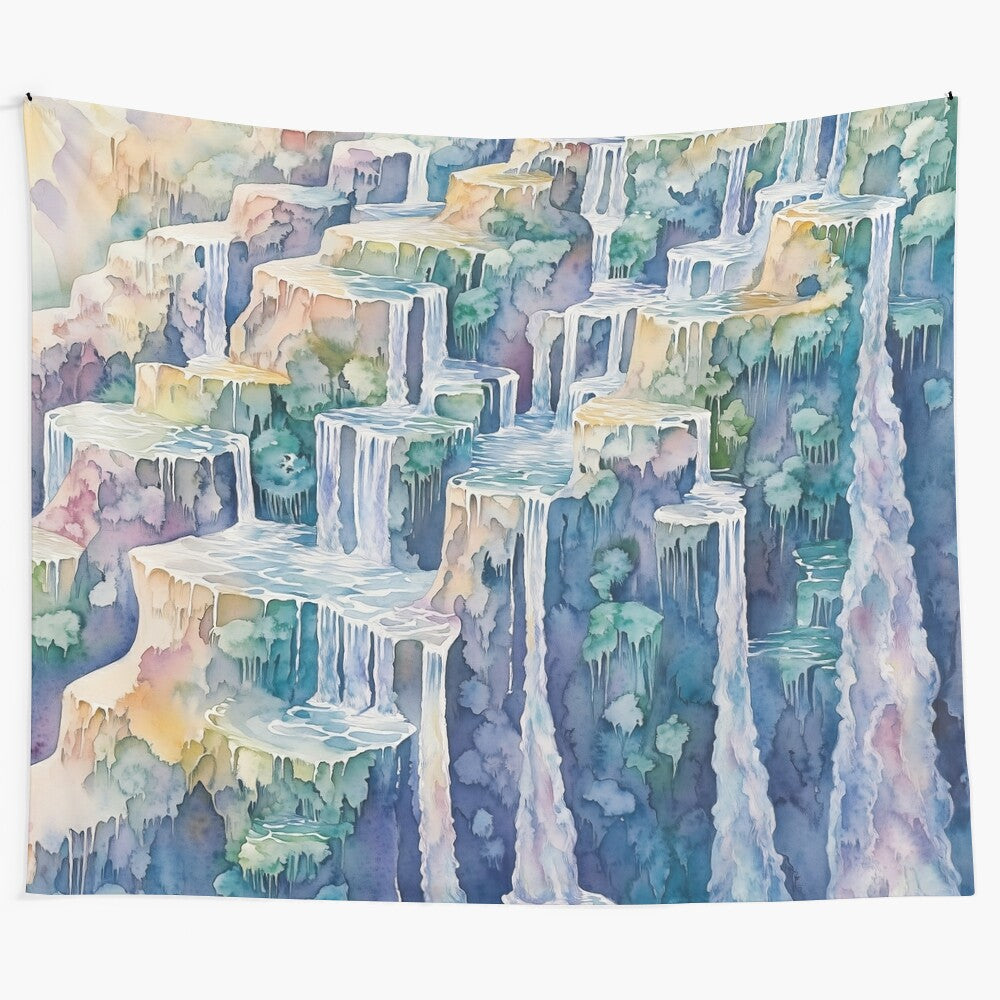 Cascading waterfall abstract nature landscape watercolor art tapestry