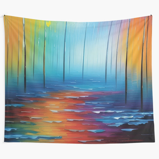 Colorful and abstract tapestry depicting a surreal landscape