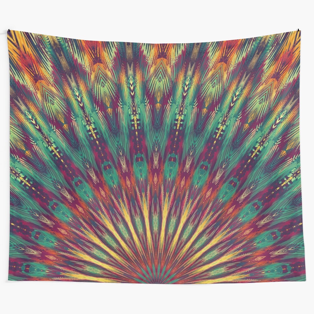 Colorful boho mandala tapestry with sacred geometry and floral designs